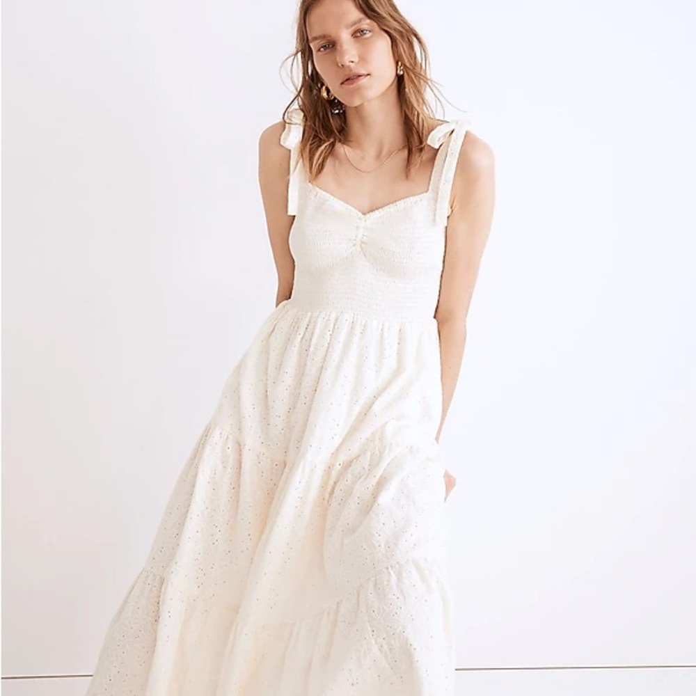 Madewell Eyelet Lucie Tie-Strap Tiered Midi Dress
